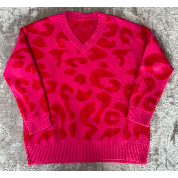 Boutique Hot Pink Red Leopard Print V Neck Sweater Womens Large - Picture 1 of 6